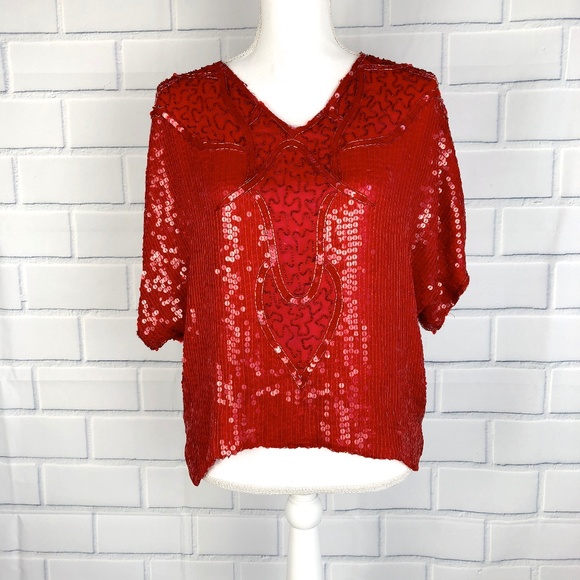 Allison Smith Tops - Vintage Sequin & Beaded Short Sleeve Top Medium